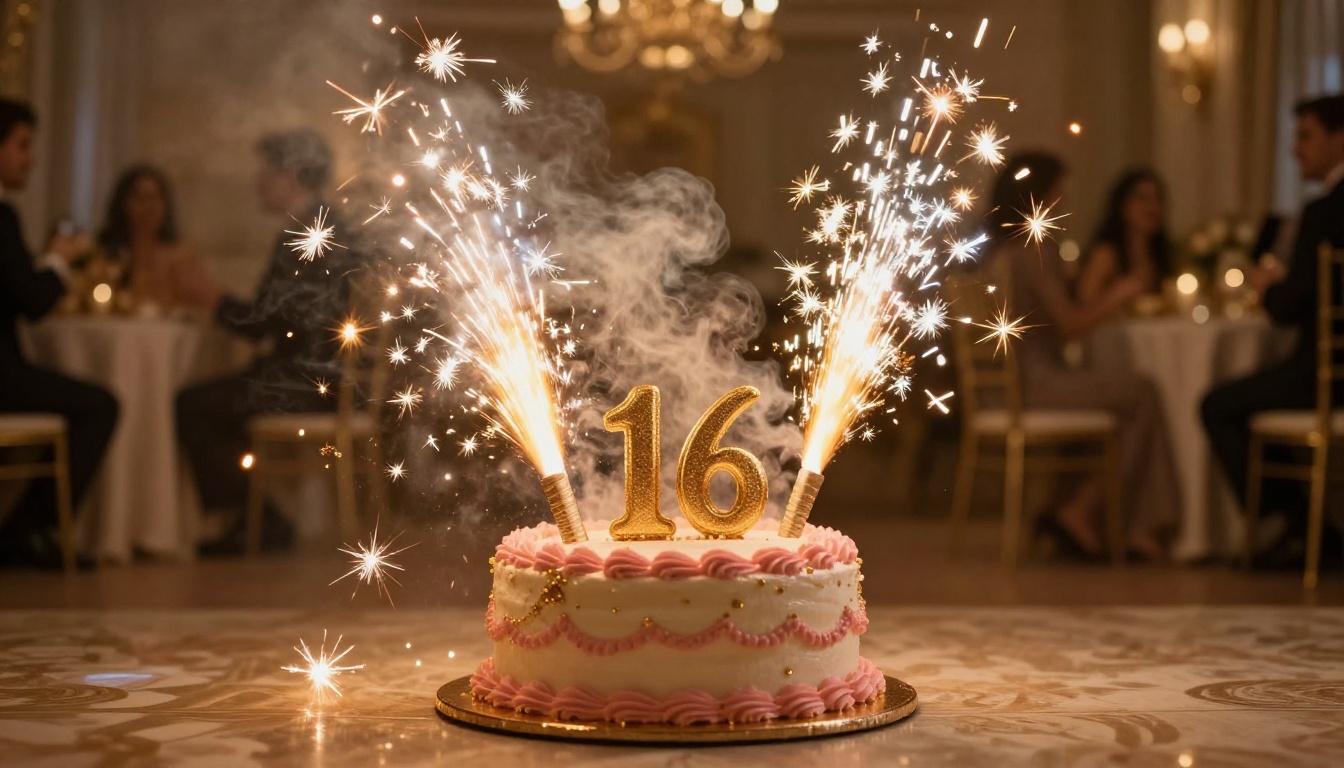 Sweet 16 birthday cake surrounded by lit sparklers with warm golden light trails