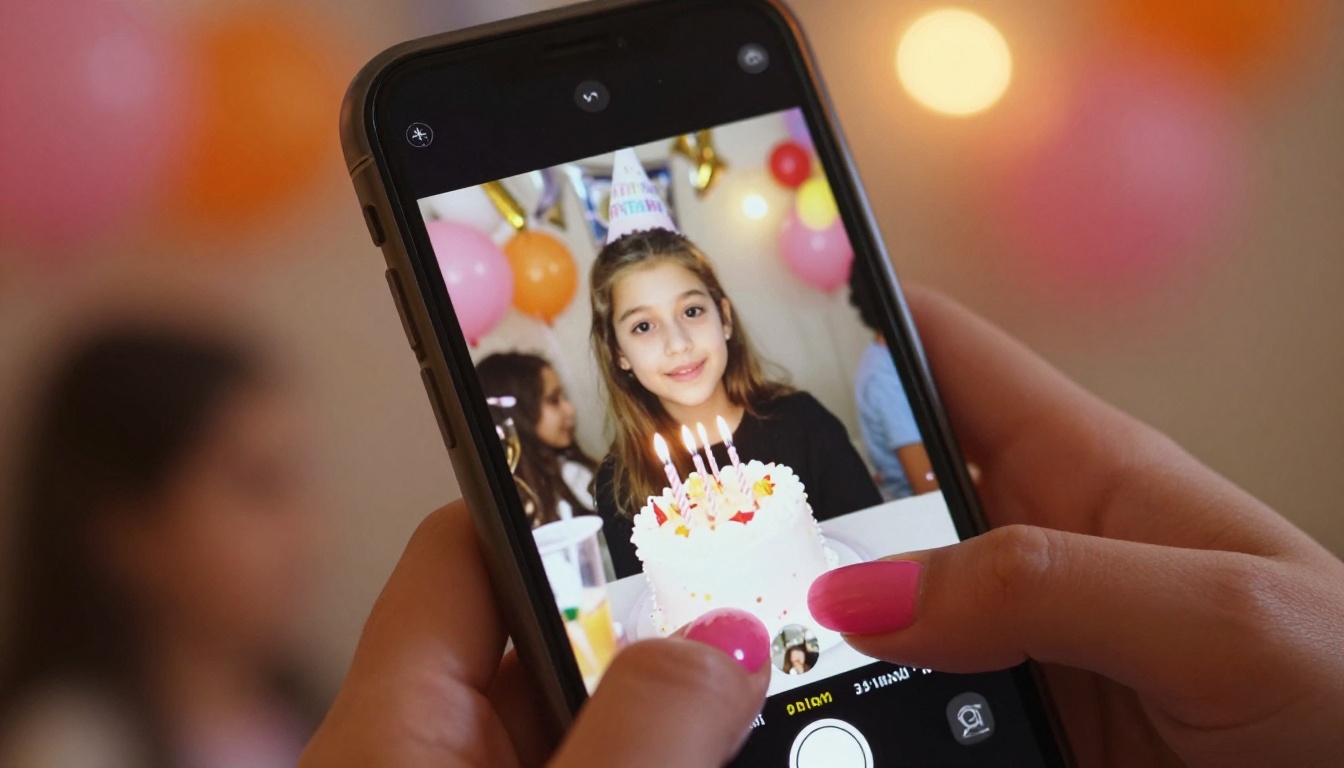Close-up of smartphone screen showing photo flipbook page-turning animation held in hands with painted nails