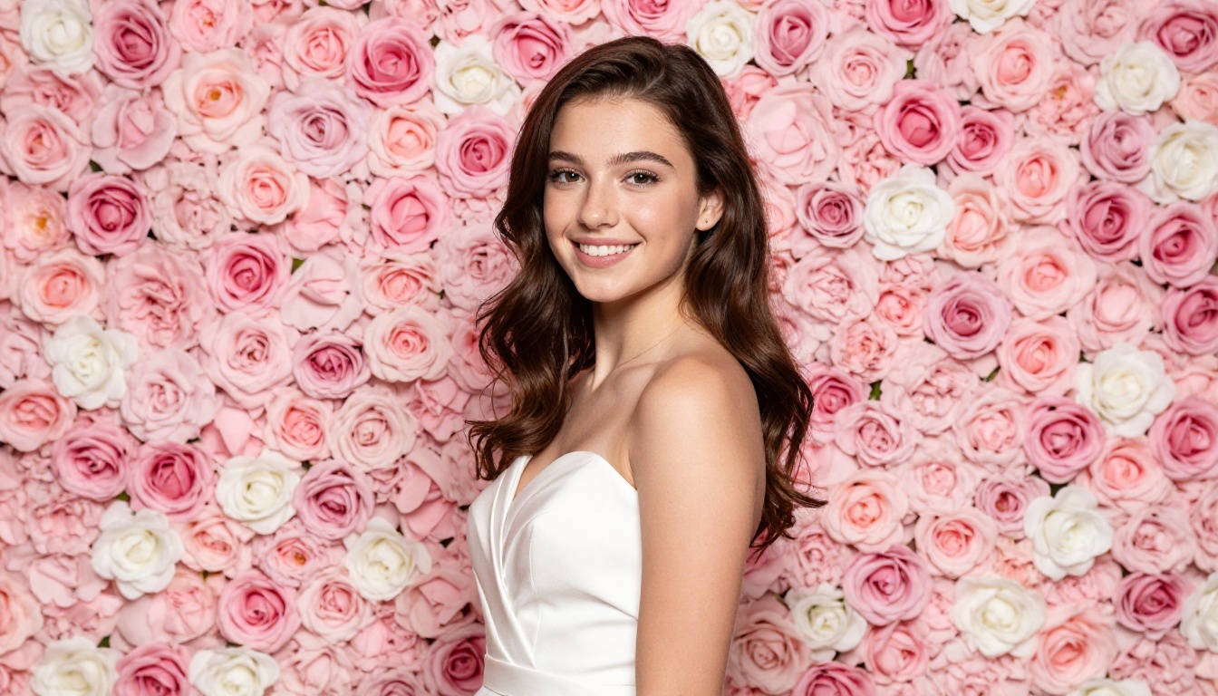 Teenage girl in elegant white dress posing in front of lush pink and white flower wall