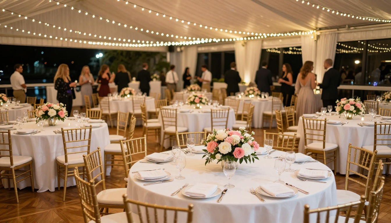 Wide angle shot of elegant Sweet 16 party venue with tables, floral centerpieces, and warm string lights
