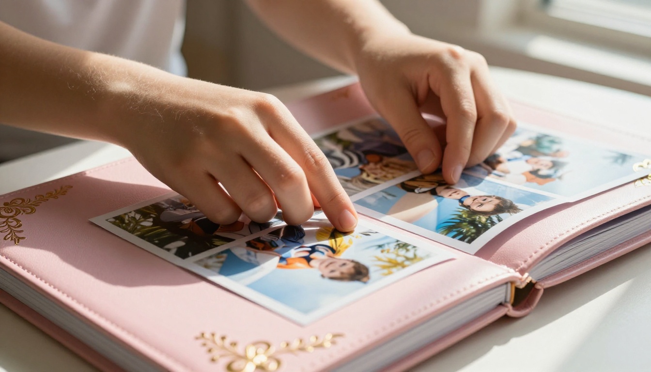 Close-up of teenage girl's hands placing printed photos into a blush pink embossed photo album