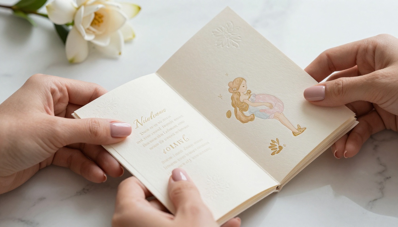 Baby shower invitation flipbook pages being turned on a marble countertop