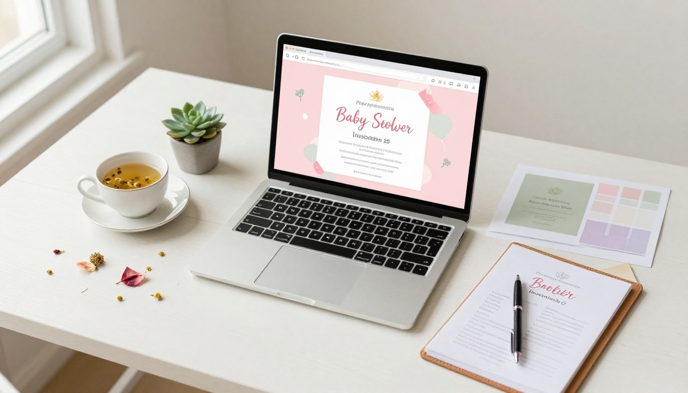 Aerial view of baby shower invitation planning workspace with laptop and color swatches