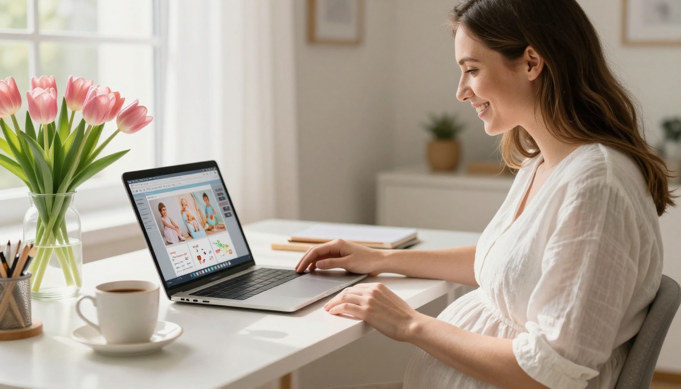 Pregnant woman smiling at laptop showing a flipbook invitation builder interface