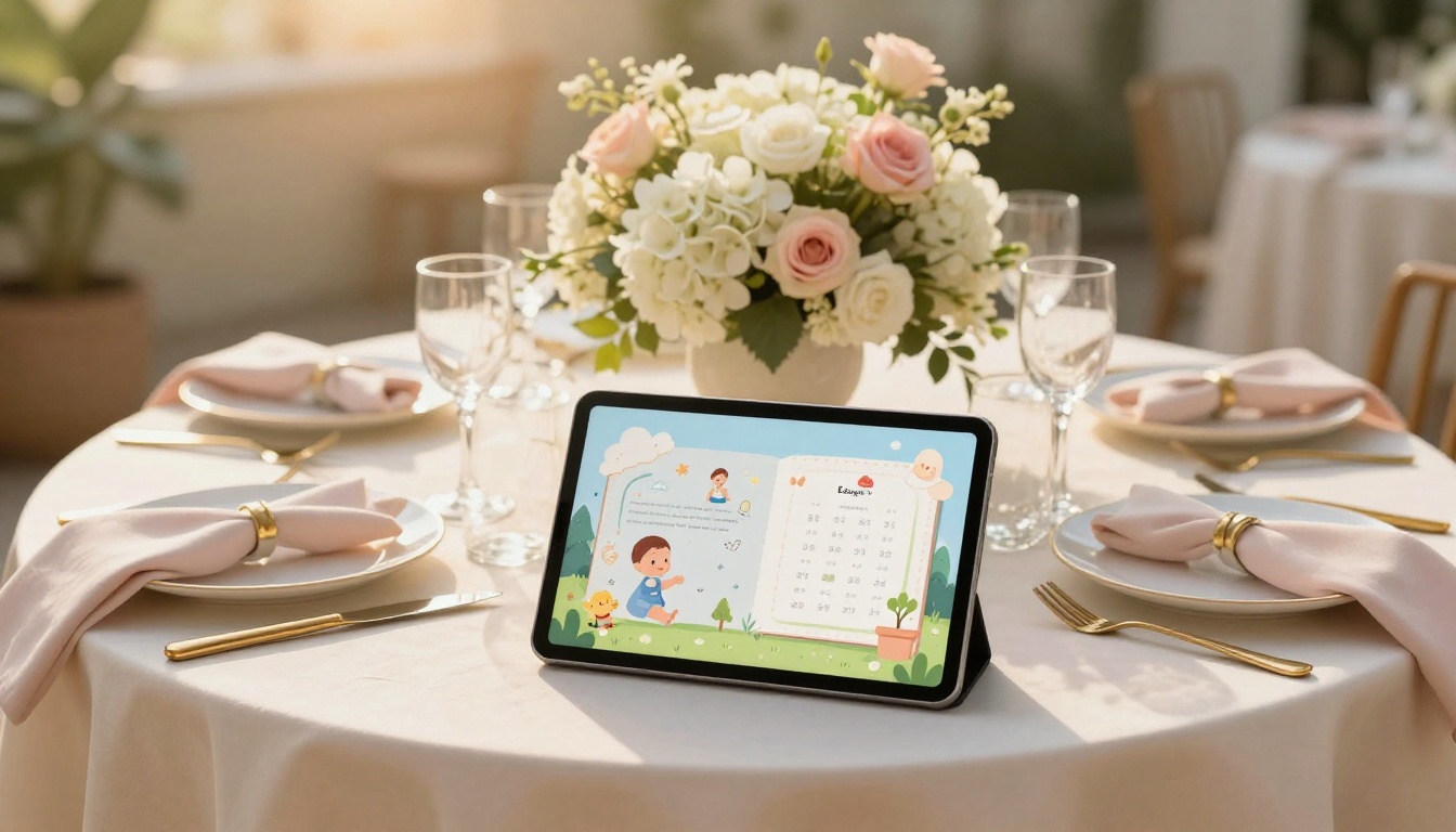 Baby shower table setup with a tablet propped showing a digital flipbook invitation
