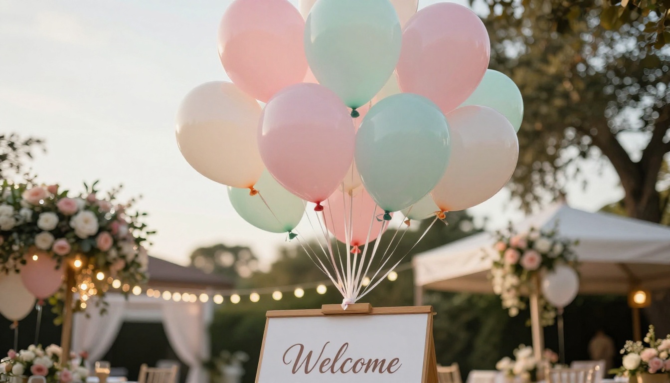 Low-angle view of pastel balloons floating above a baby shower venue entrance