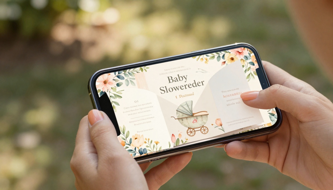 Woman holding smartphone displaying a digital baby shower flipbook invitation in a garden