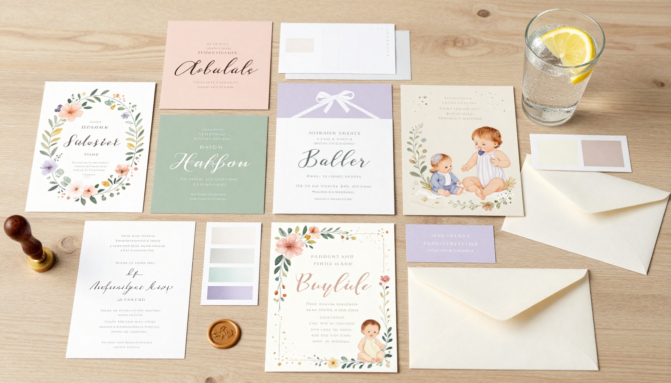 Flat lay of baby shower invitation design samples in pastel palettes across a wooden table