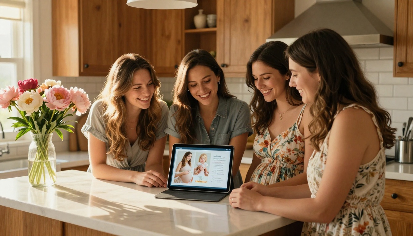 Group of women smiling and viewing a baby shower flipbook invitation together on an iPad