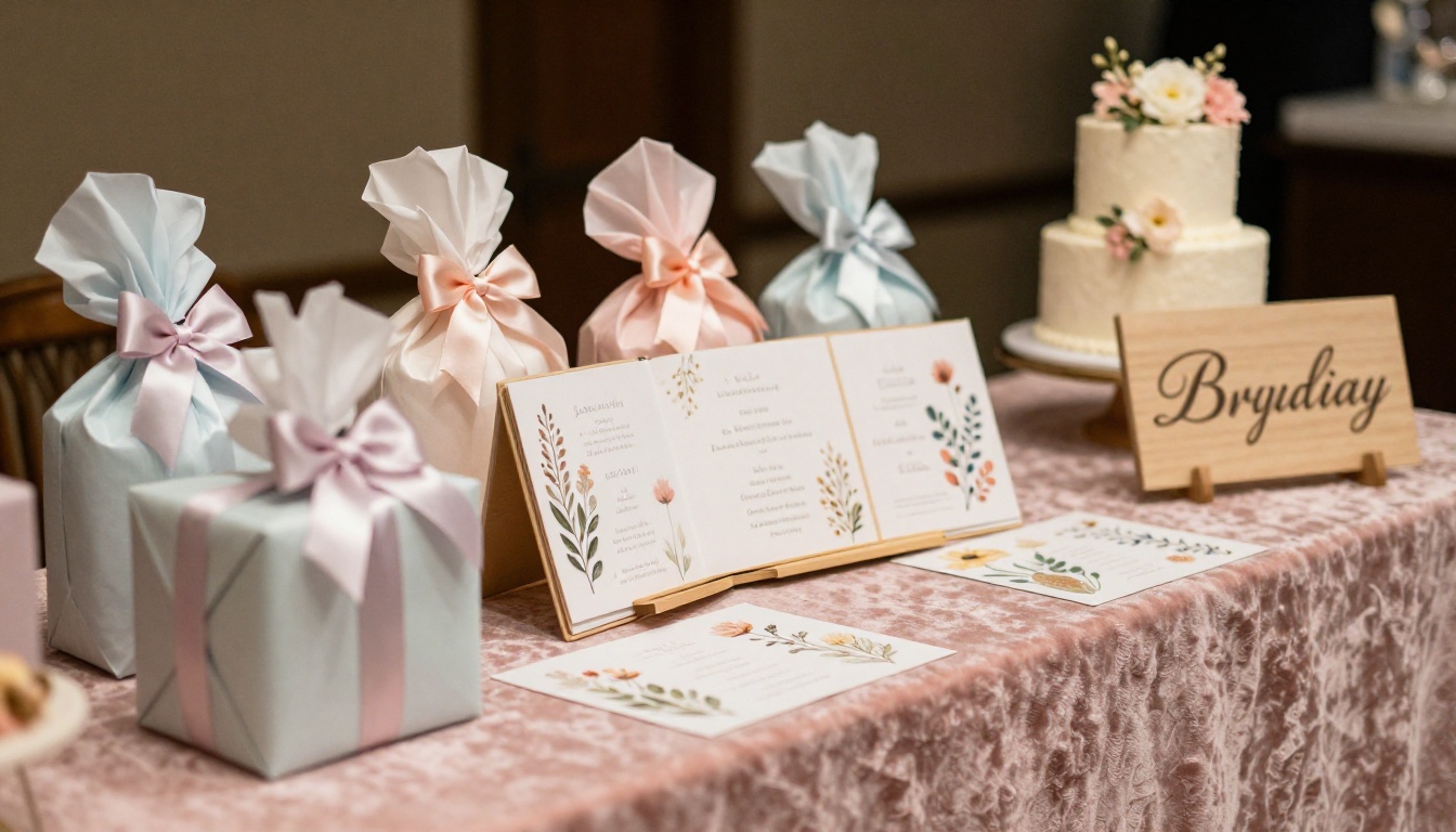Elegant baby shower gift table with a flipbook invitation propped as a decorative piece
