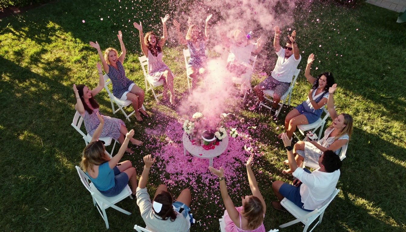 Gender reveal confetti explosion aerial view at backyard party