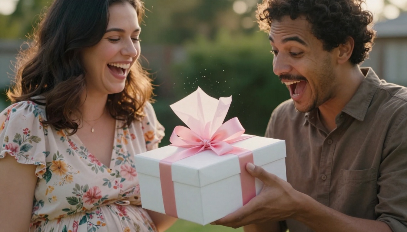 Joyful couple opening gender reveal gift box with pink tissue paper