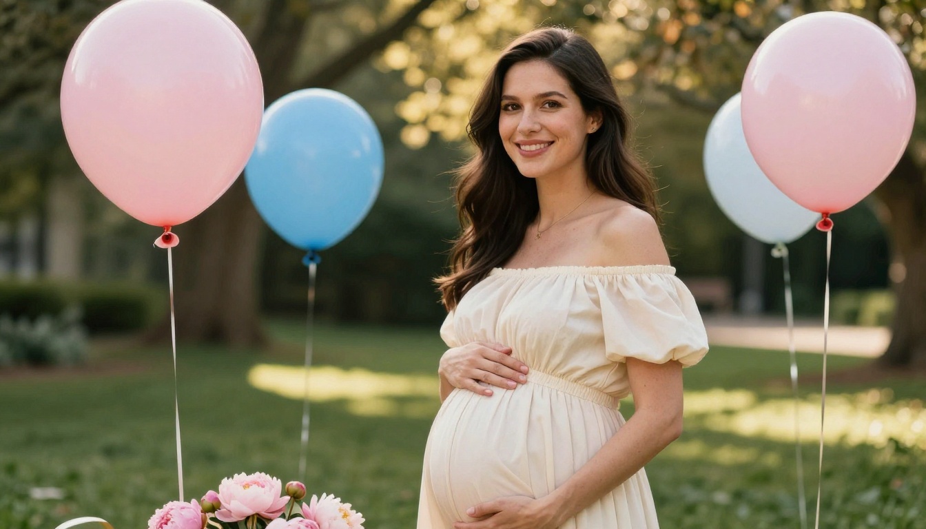 Pregnant woman surrounded by celebration balloons in sunlit garden