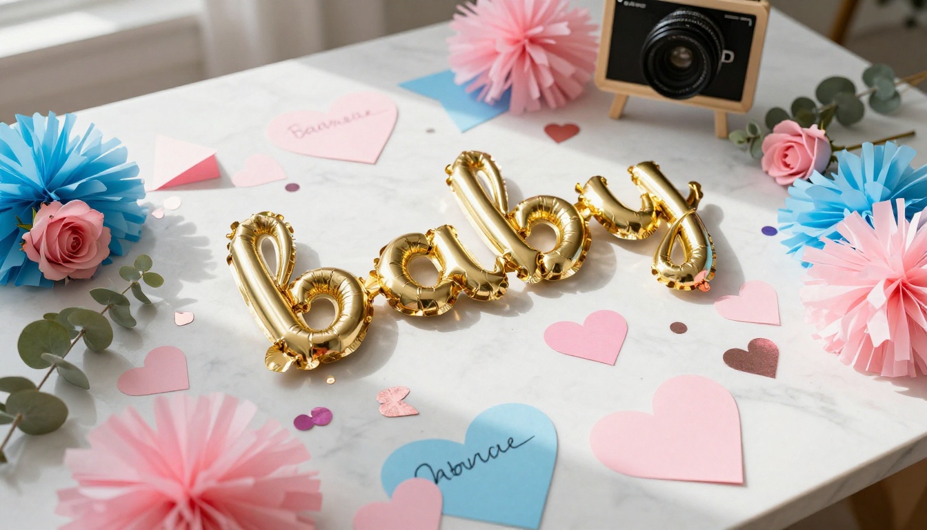Close-up flat lay of gender reveal party decorations on white marble