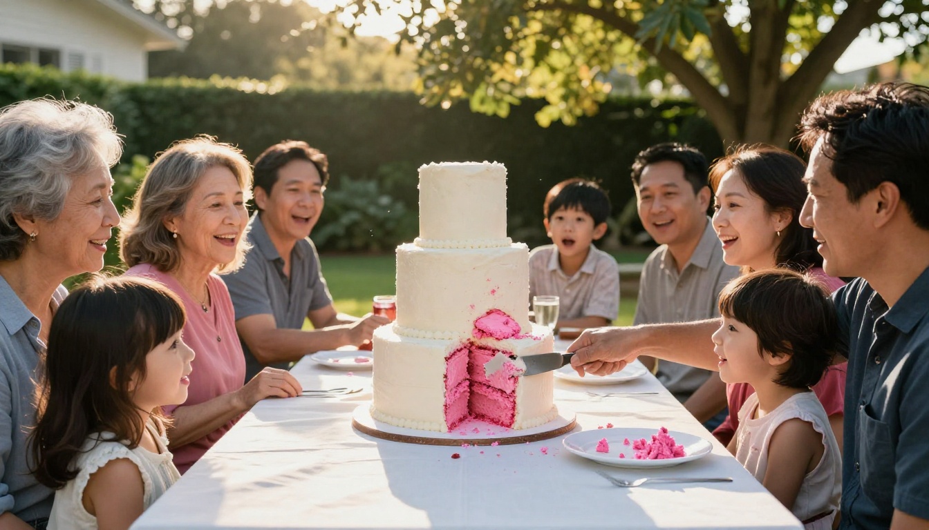 Multi-generational family gathered around gender reveal cake outdoors