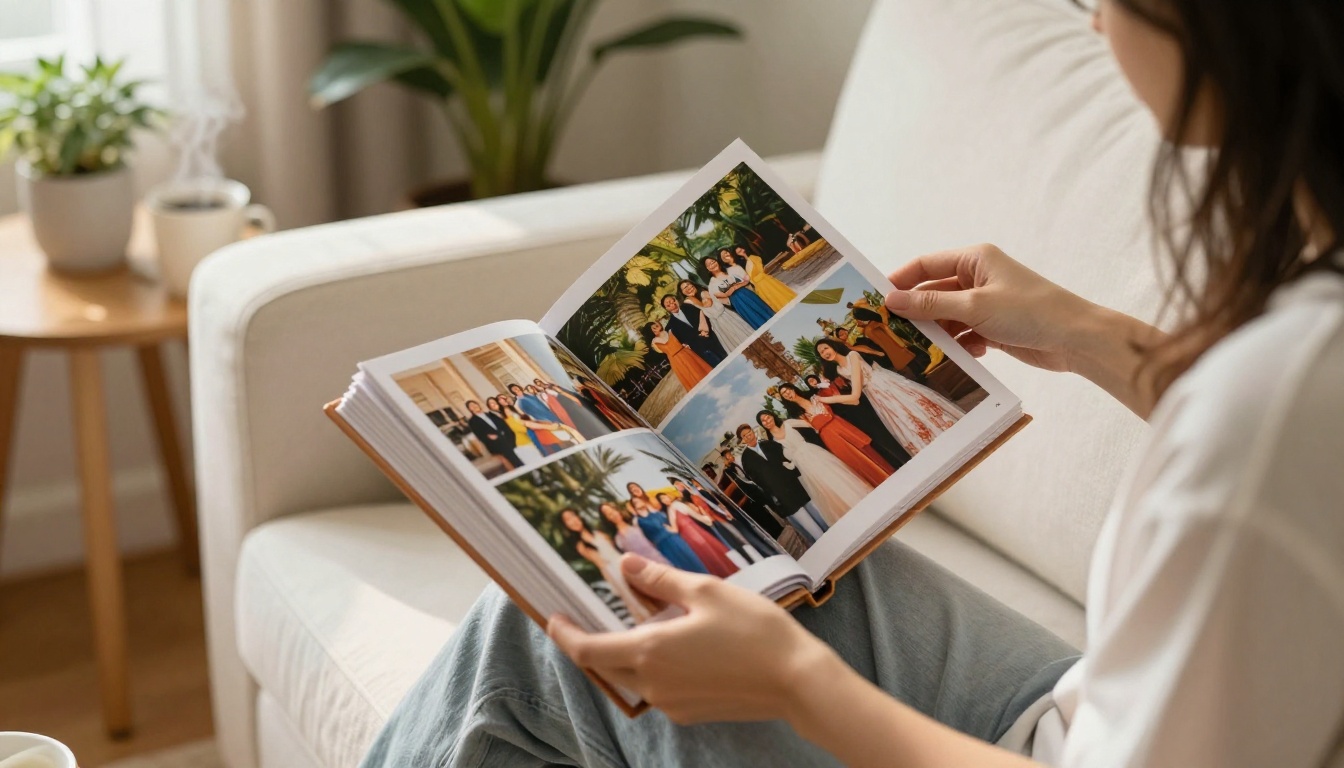 Woman gently flipping through keepsake photo album on white linen sofa Woman gently flipping through keepsake photo album on white linen sofa