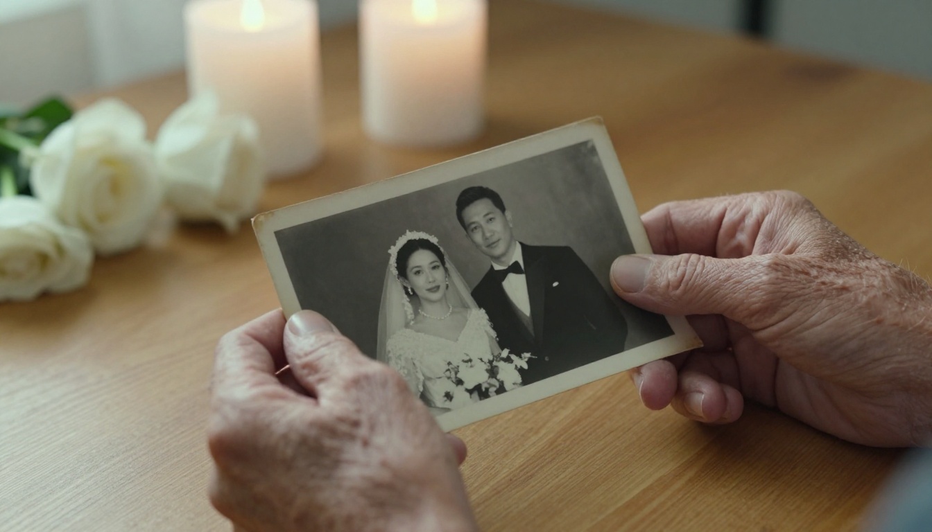 Elderly hands holding a worn family photograph beside white candles and roses
