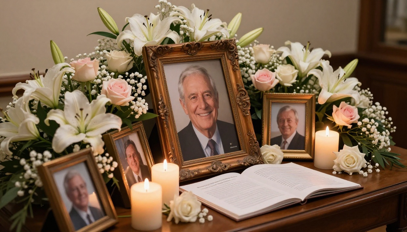 A curated memorial tribute table with white lilies, roses, and framed portraits