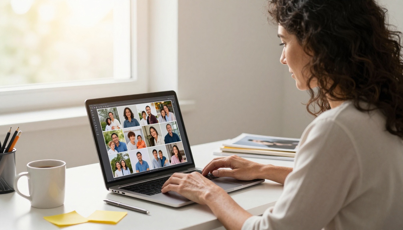 A woman creating a digital memorial flipbook on her laptop at home