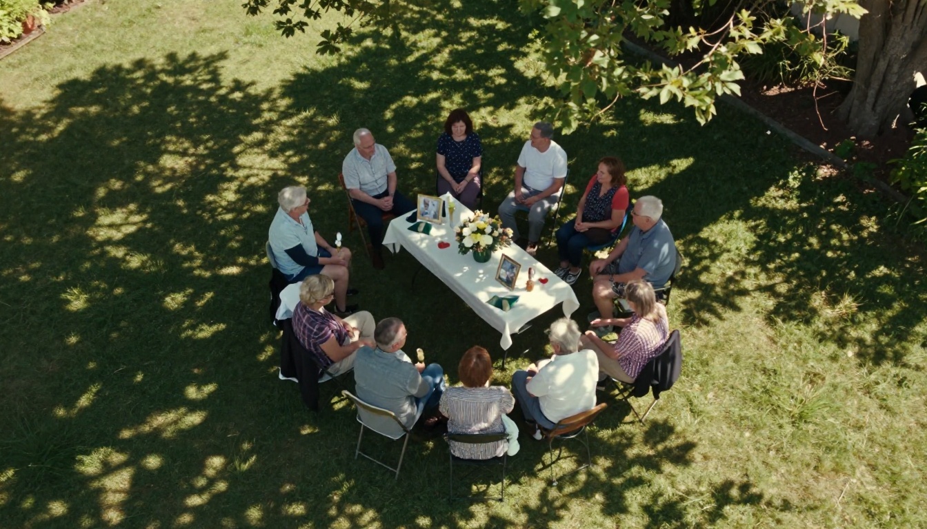 Aerial view of a multi-generational family gathering outdoors for a memorial
