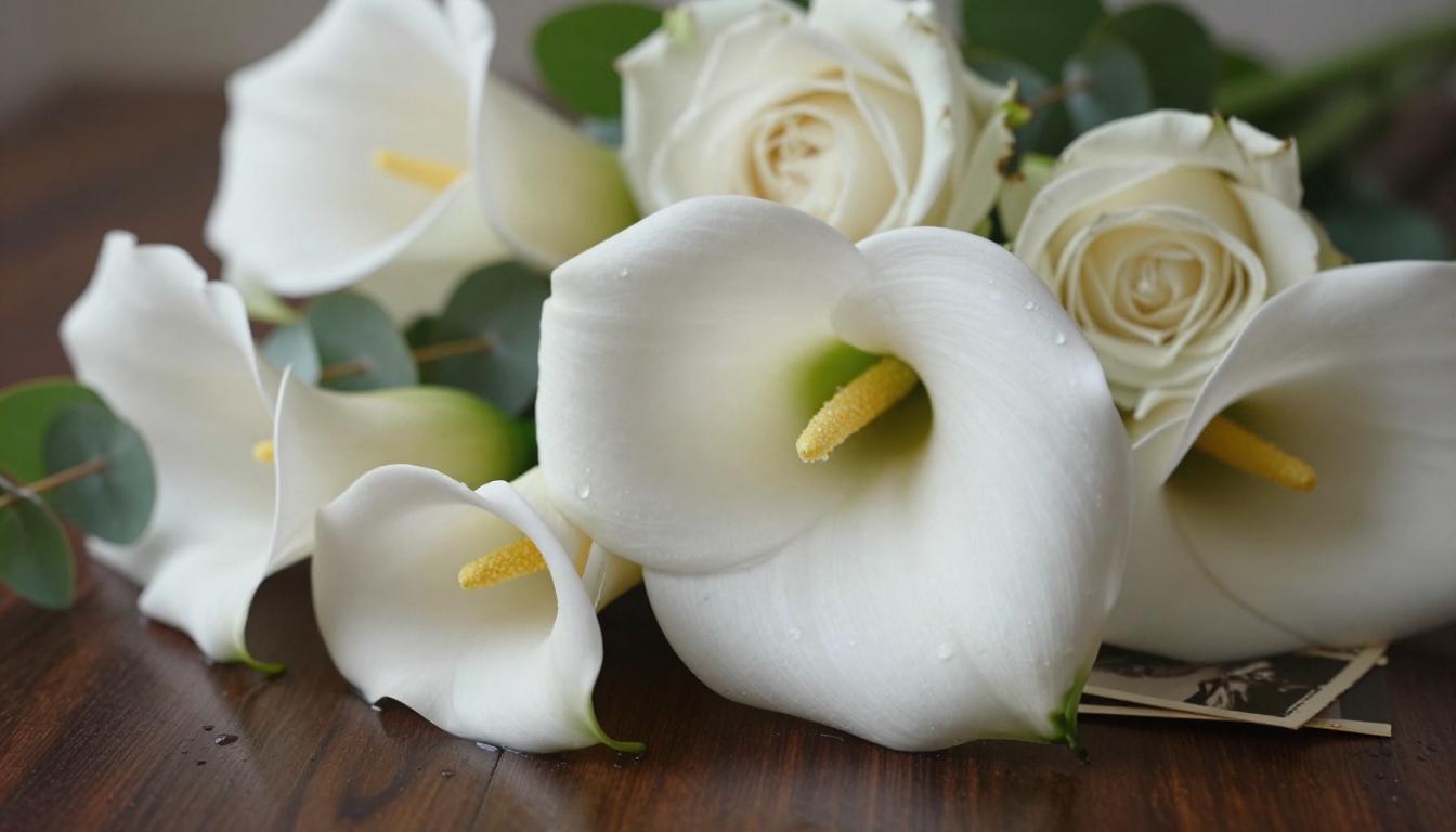 Close-up of white calla lilies and roses beside a sepia family photograph