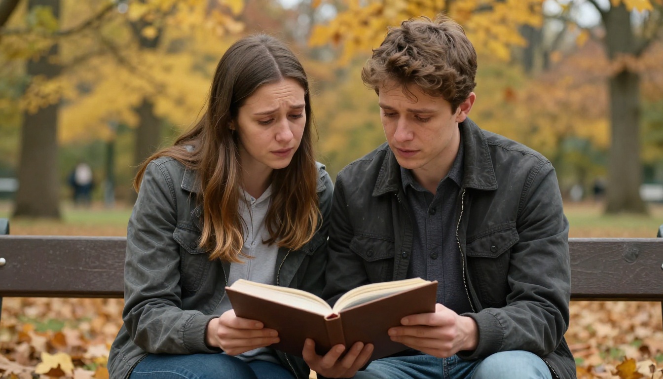 Two adult siblings sharing a photo book together on an autumn park bench