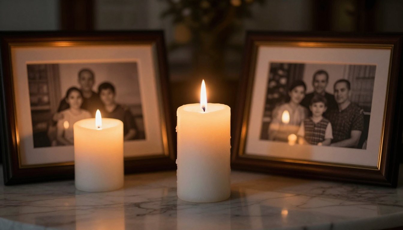 Three pillar candles lit beside black-and-white family portrait photographs on marble