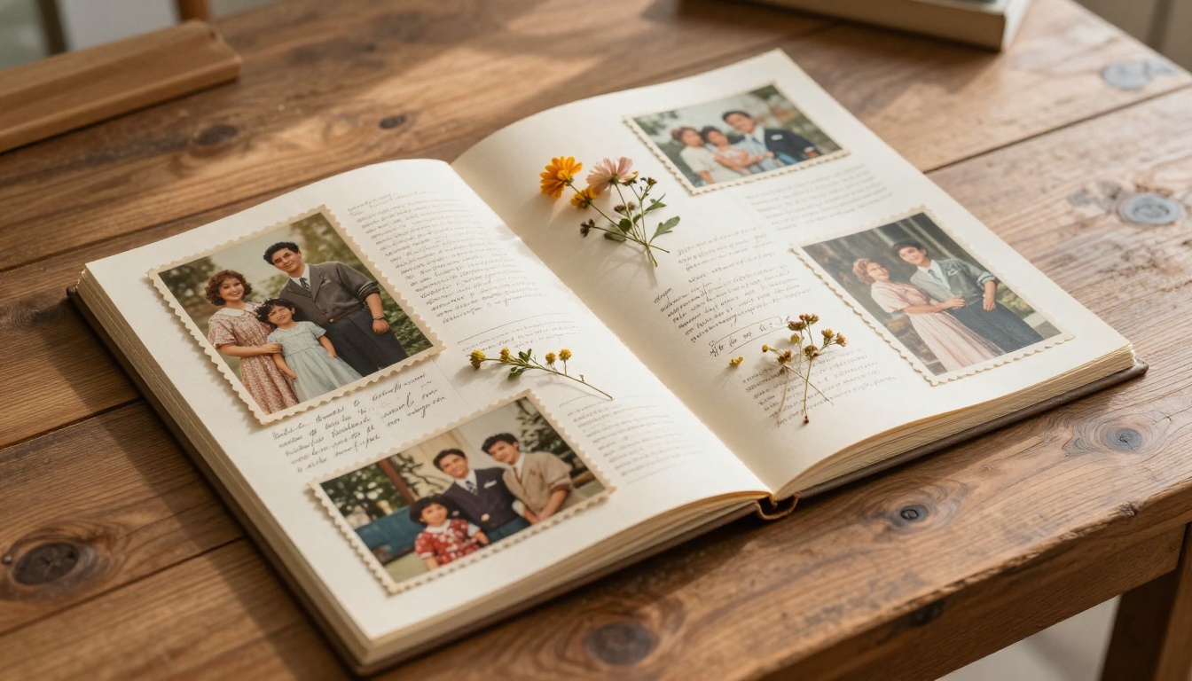 An open memorial tribute flipbook on a rustic wooden table showing vintage family photographs