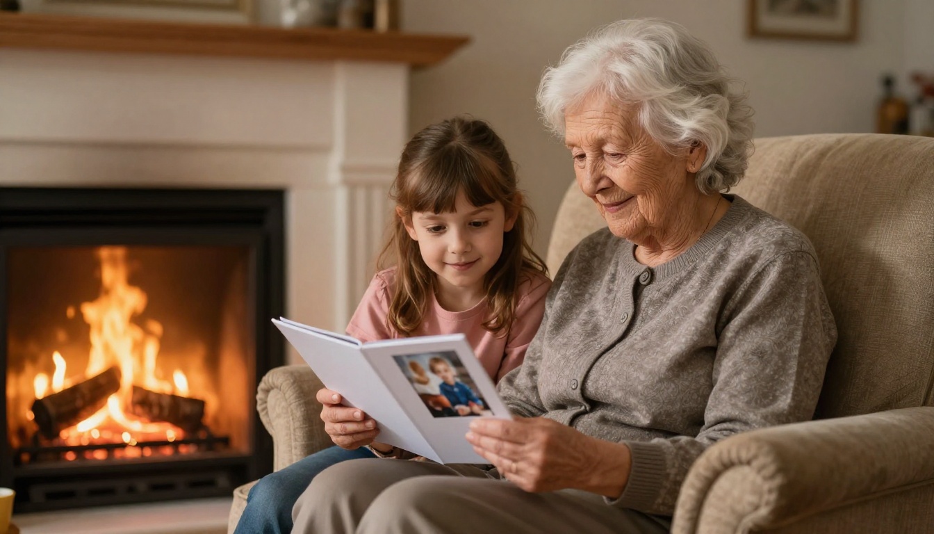 A grandmother and young granddaughter sharing a memorial flipbook by a warm fireplace