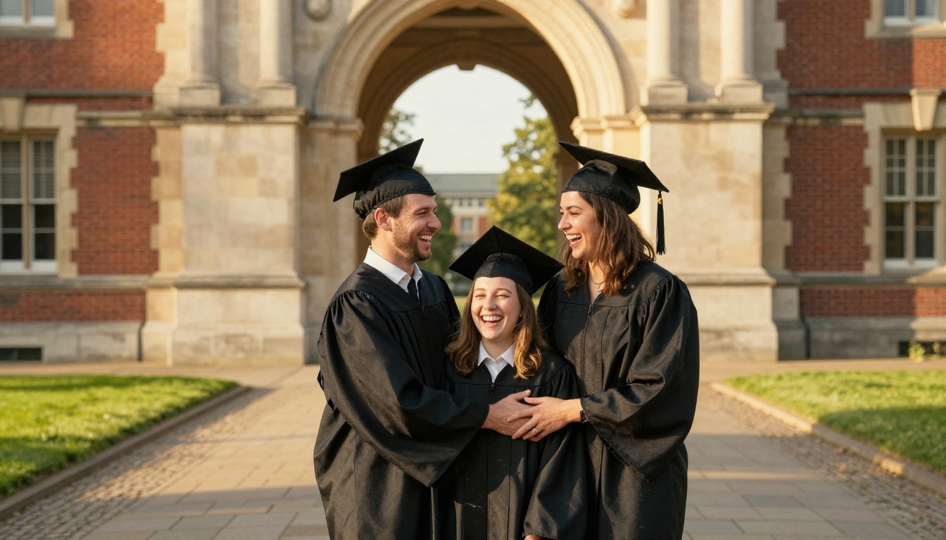 Parents embracing their graduate daughter at a university arch