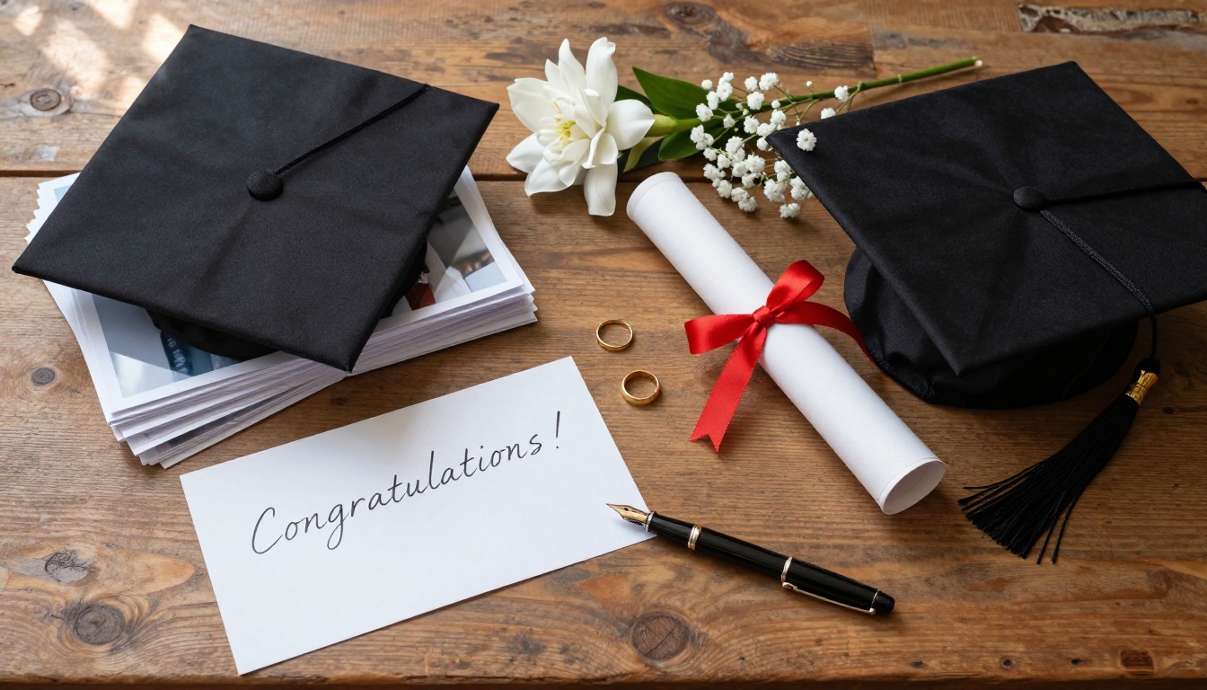 Flat lay of graduation memorabilia on a wooden desk