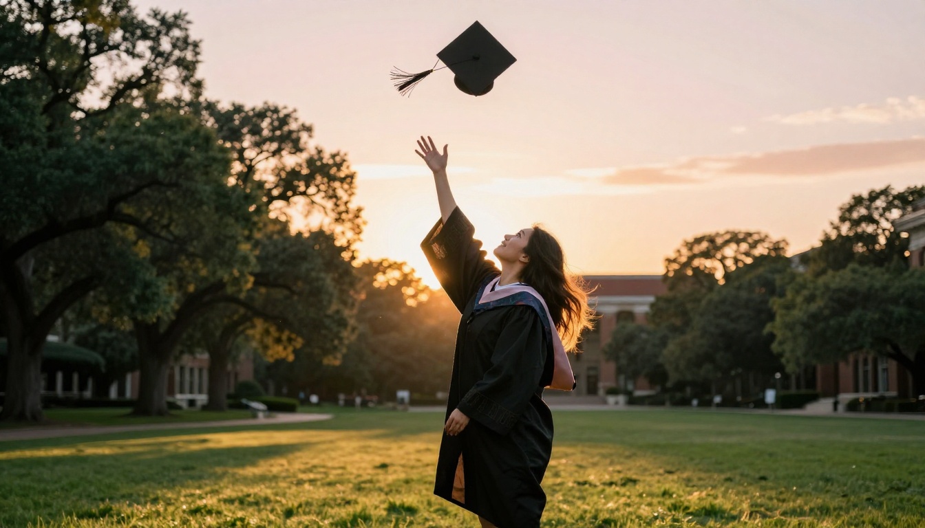 Graduate throwing cap at golden sunset