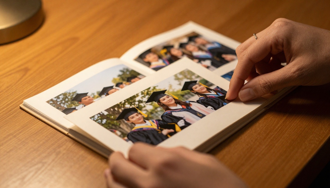Close-up of hands turning album pages