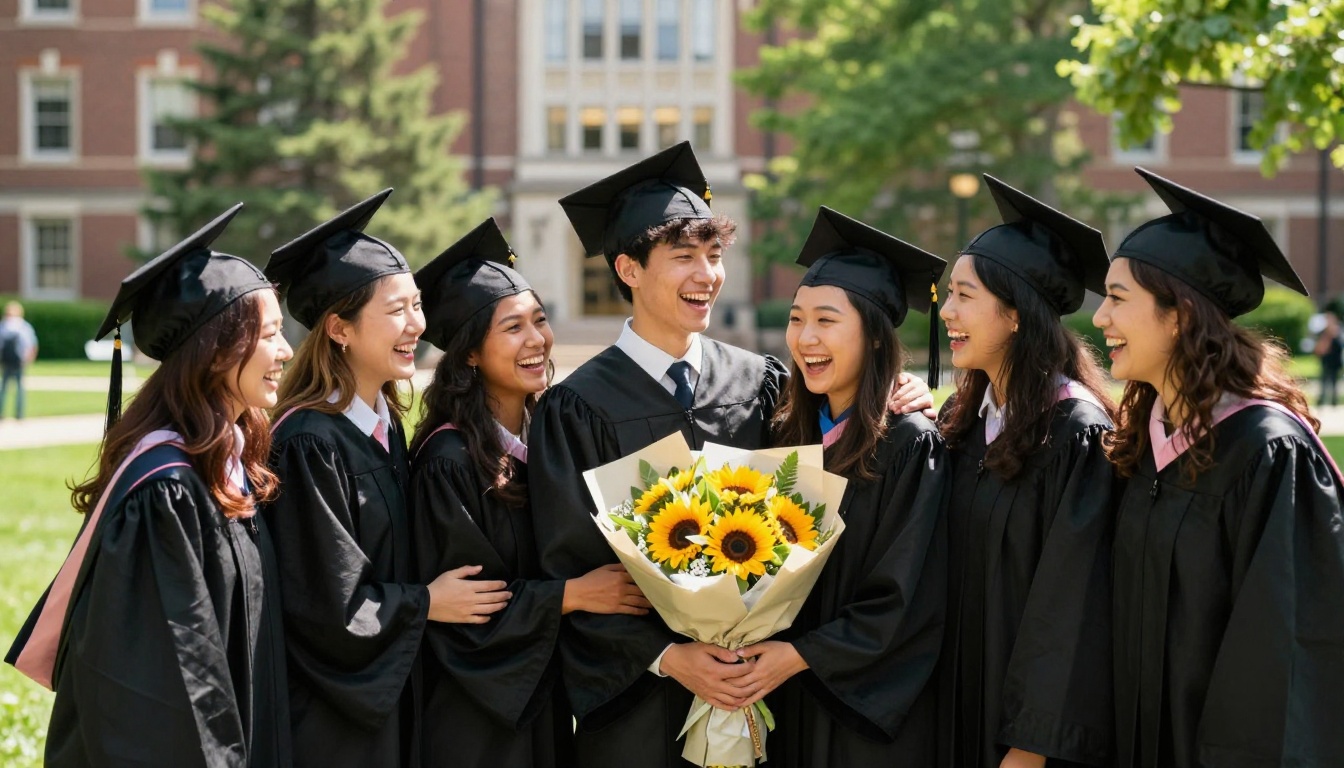Group of diverse graduates celebrating together on campus