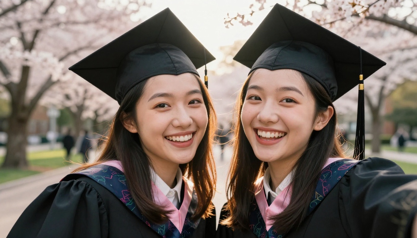 Two friends taking a selfie in graduation gowns Two friends taking a selfie in graduation gowns