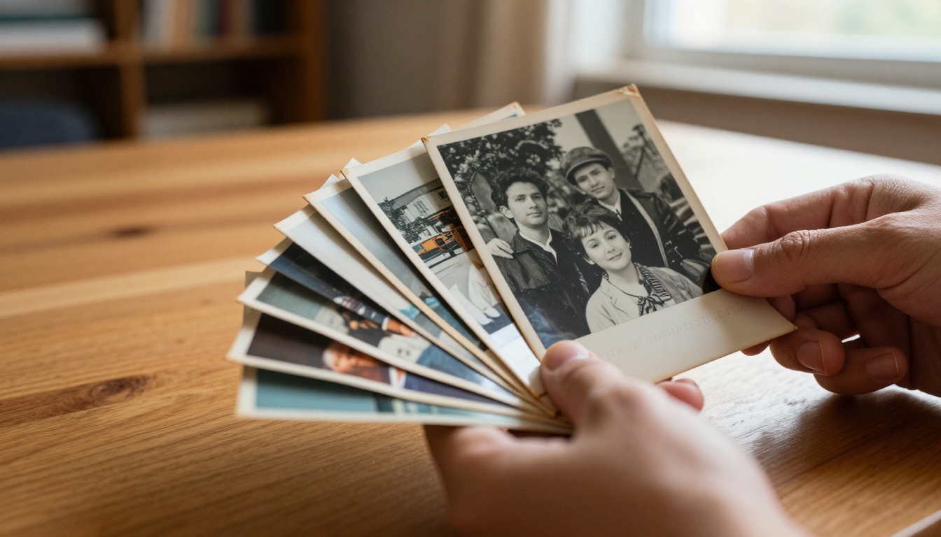 Hands holding a collection of old photographs from different decades