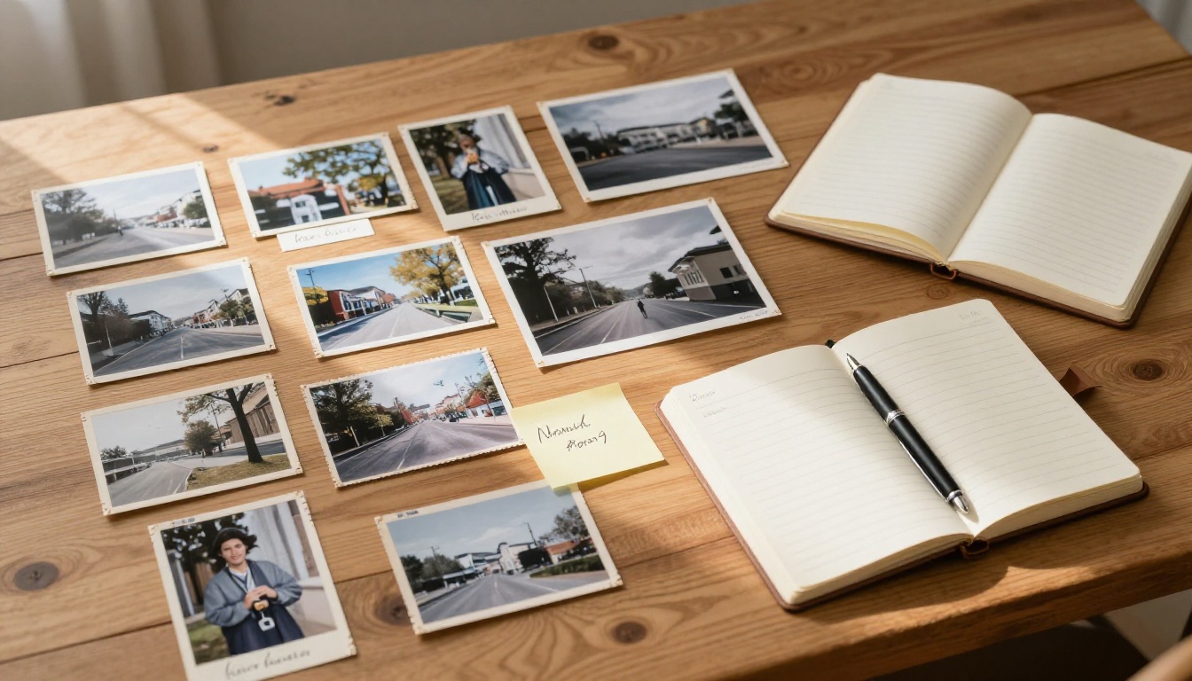 Aerial flat-lay of organized photographs with handwritten notes on a wooden table