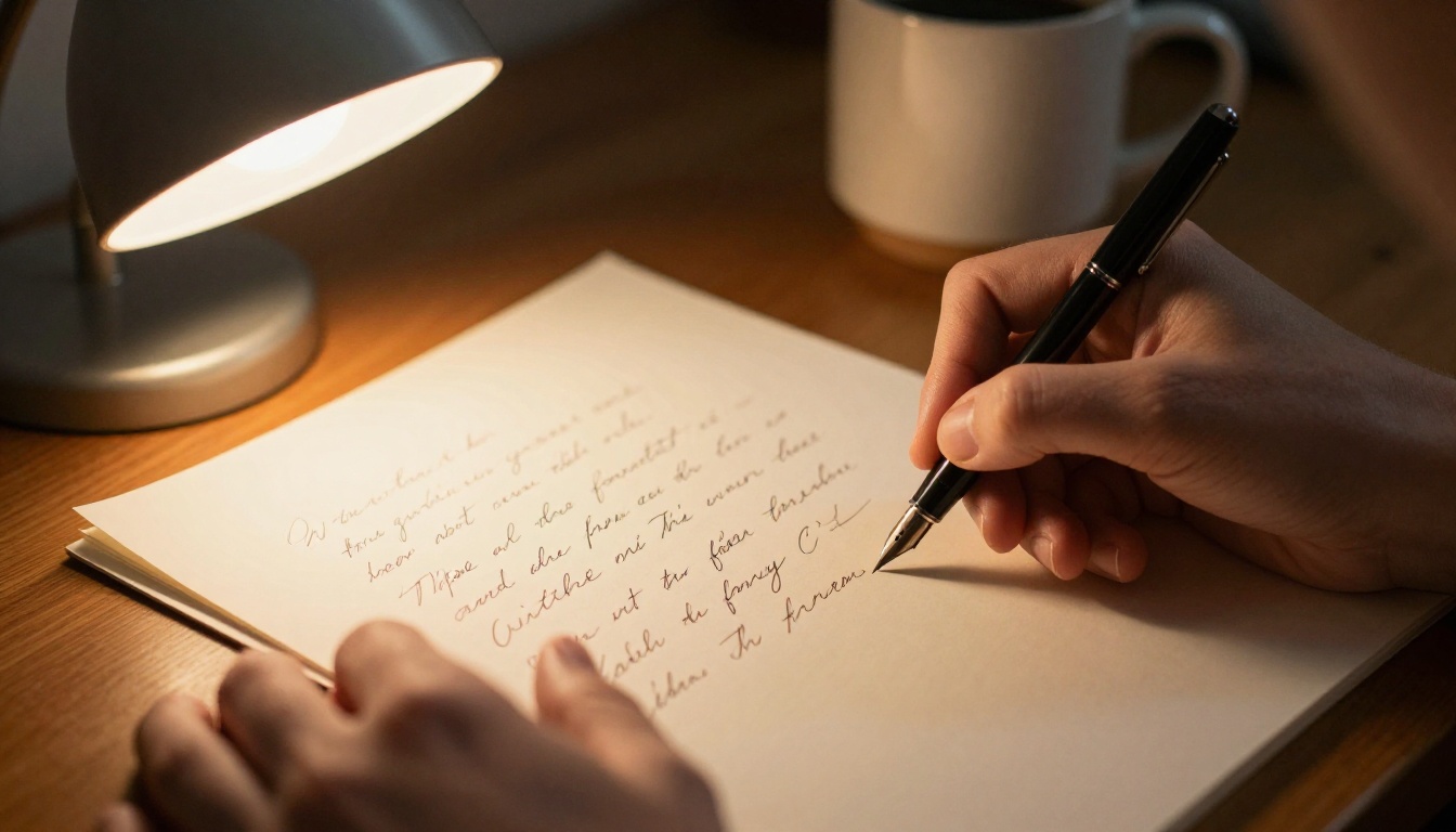Hands writing a heartfelt message on cream stationery with a fountain pen