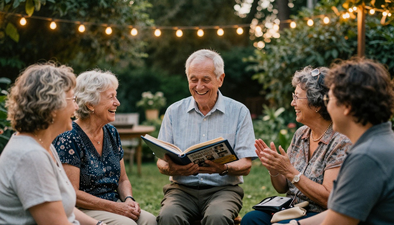 Outdoor retirement garden party with colleagues gathered warmly around a retiree holding an open memory flipbook