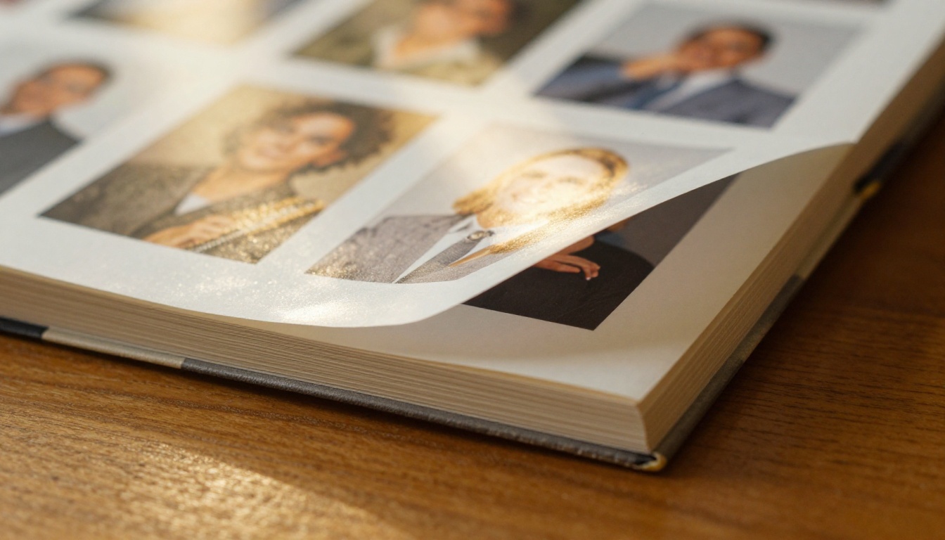 Extreme close-up of glossy flipbook pages mid-turn with warm window light creating highlights