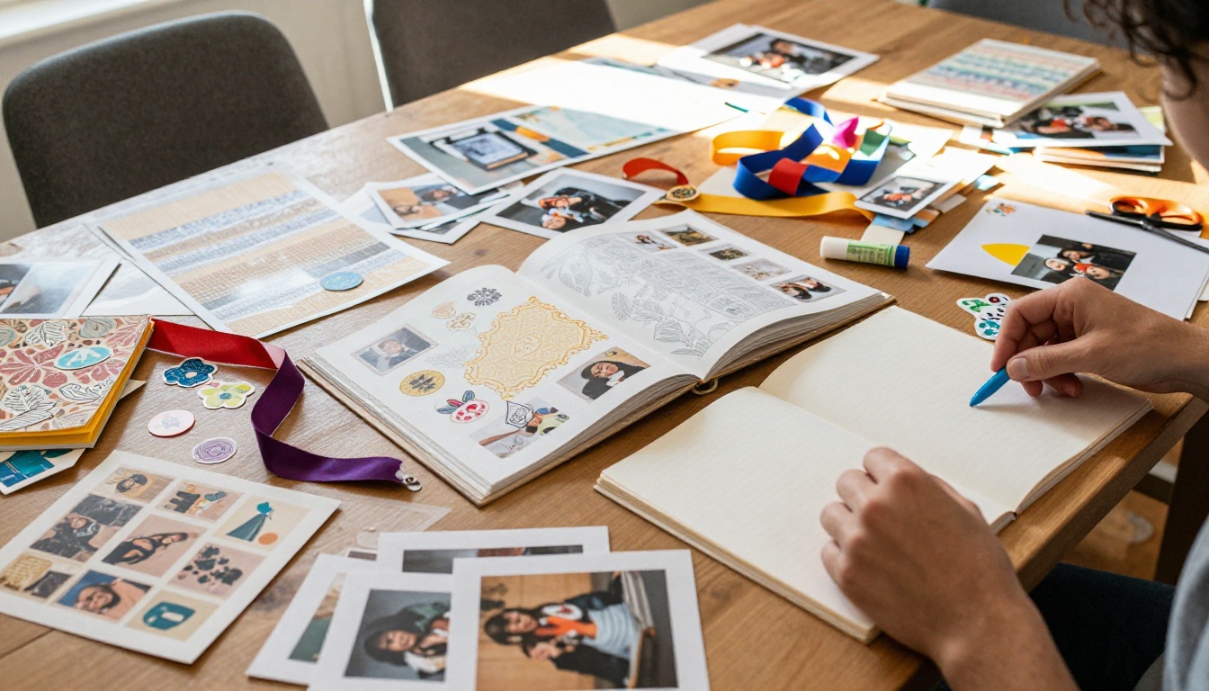 Dining table covered in scrapbook materials with hands arranging photos creatively