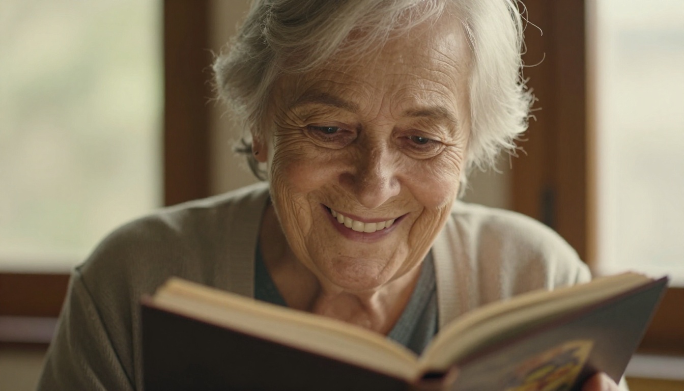Older person with silver hair and warm eyes smiling while holding an open memory flipbook