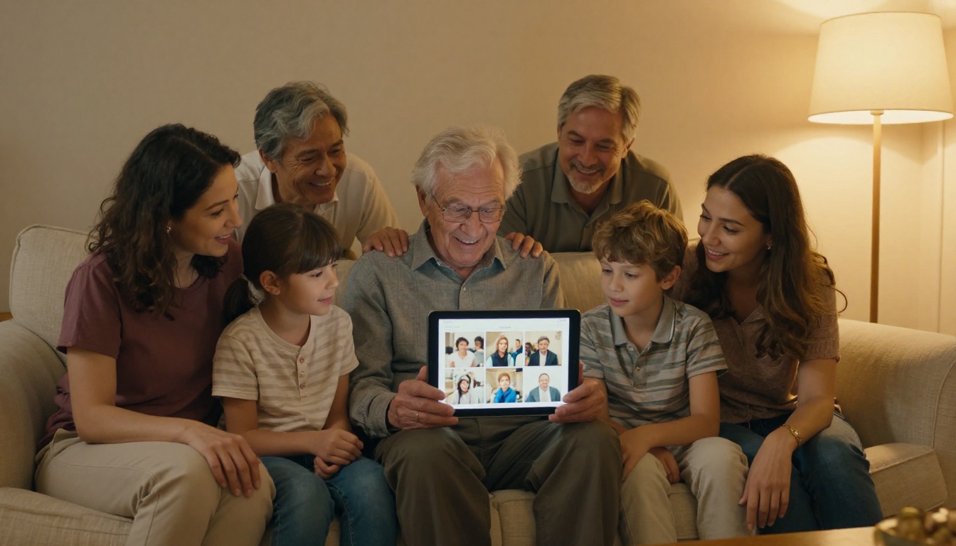 Multigenerational family on a sofa sharing a digital memory flipbook on a tablet together