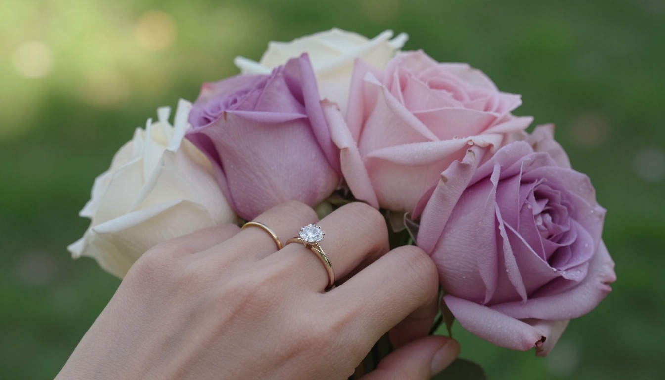 Close-up of diamond engagement ring resting among garden roses with dewdrops on blush petals