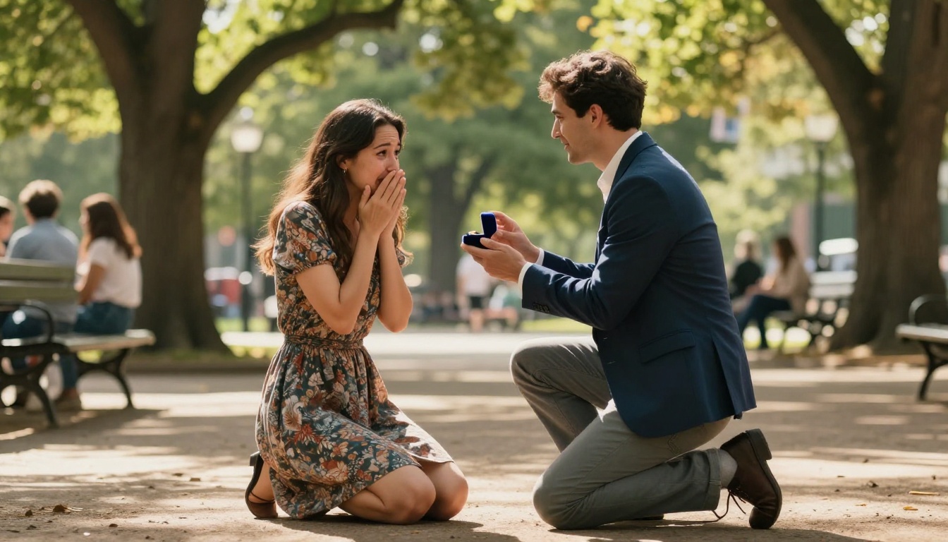 Man kneeling on one knee in a sunlit park, woman covering her mouth with tears of joy
