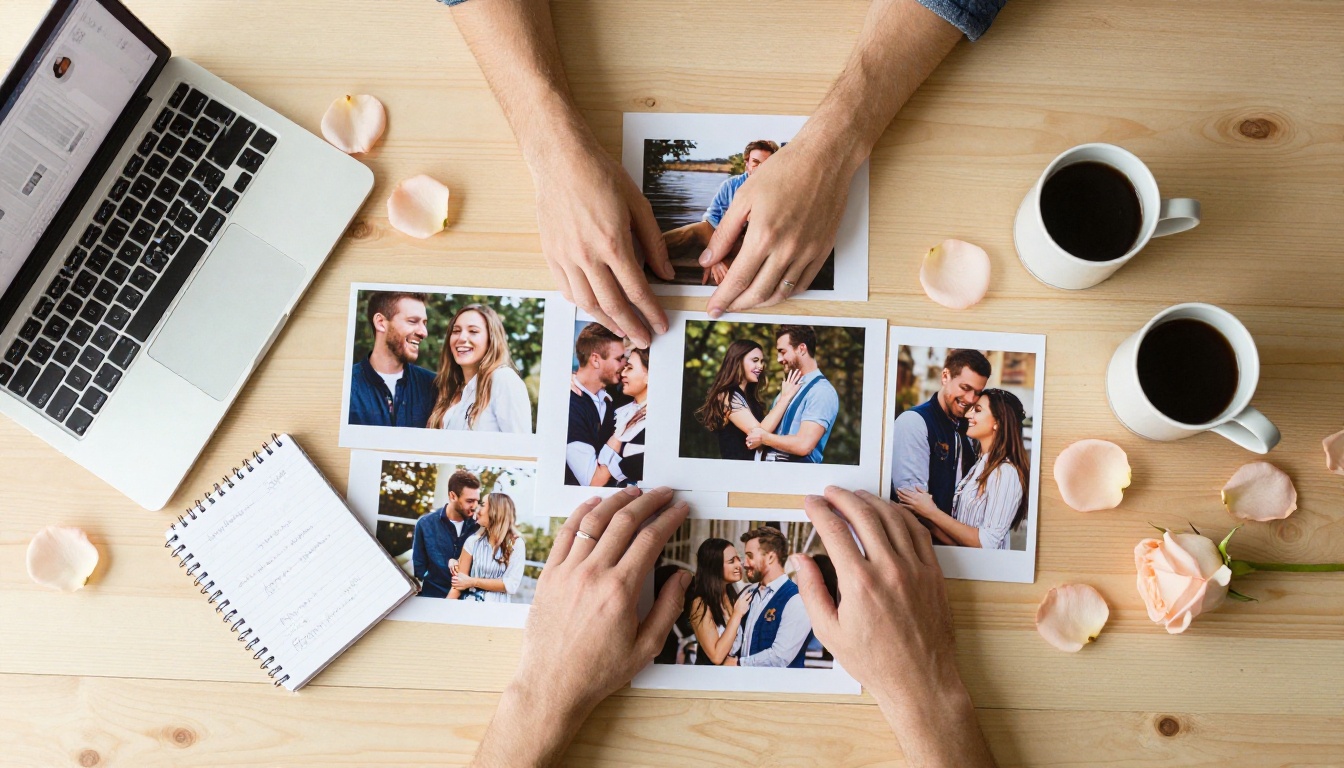Overhead flat-lay of couple arranging printed photos with laptop showing flipbook interface