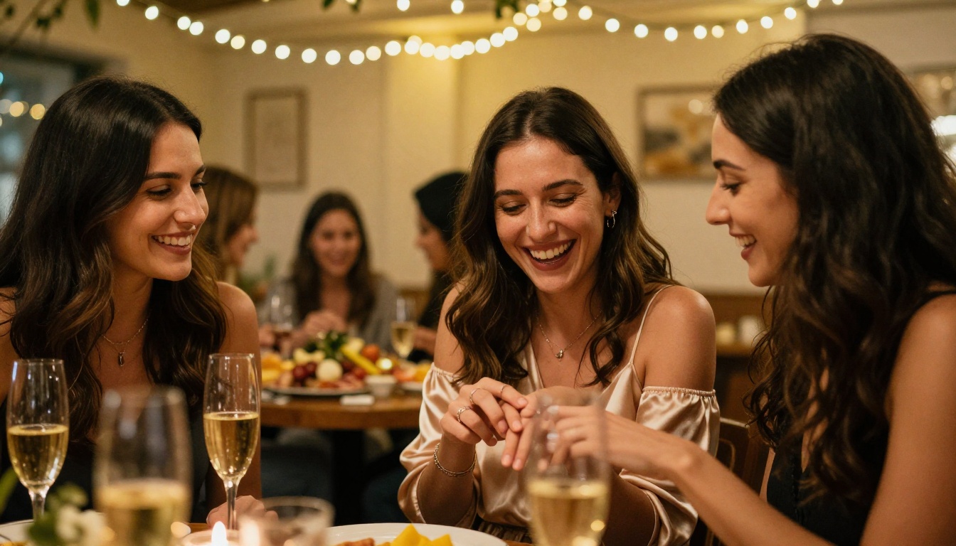 Three women at celebration, showing ring to friends with champagne flutes and string lights