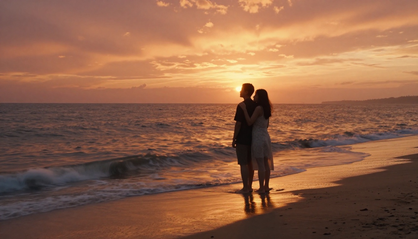 Couple embracing at golden sunset beach, fiery amber waves lapping their bare feet