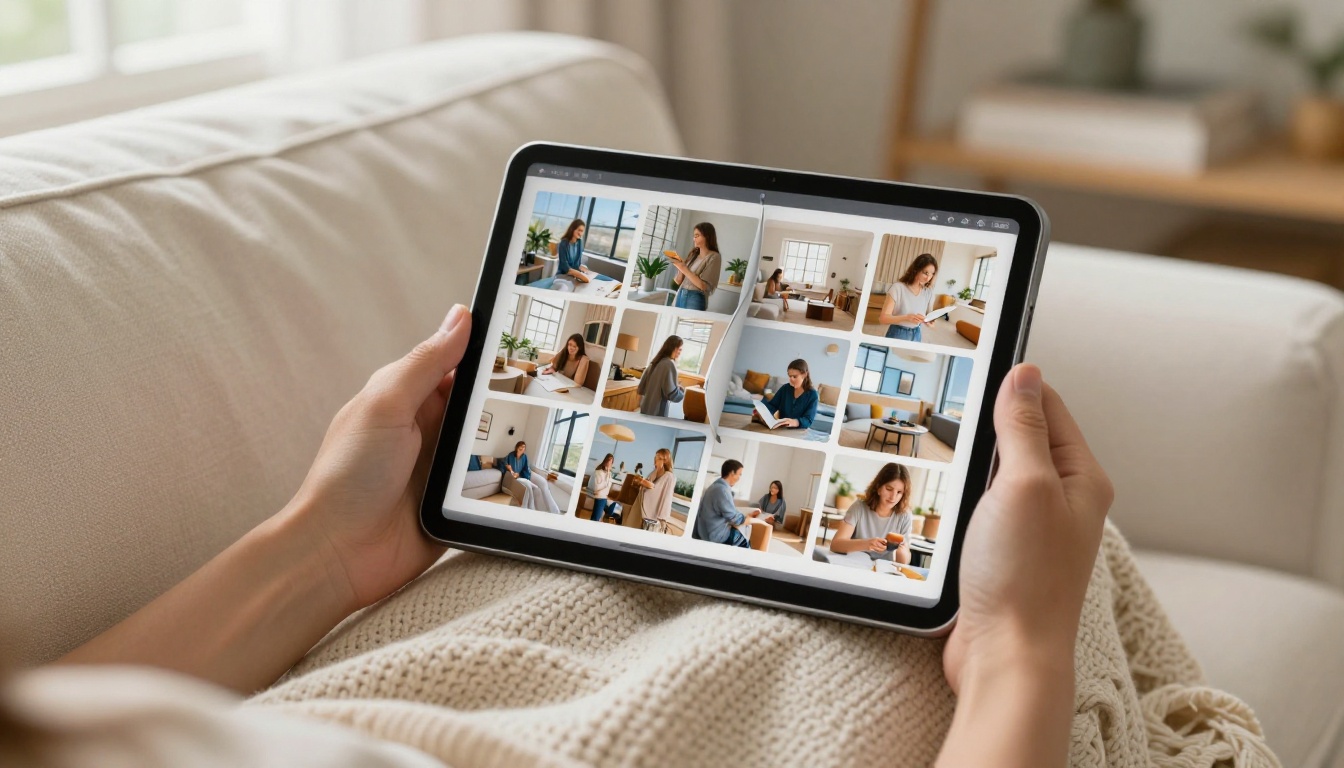 Woman holding tablet displaying digital engagement photo flipbook, cozy home setting