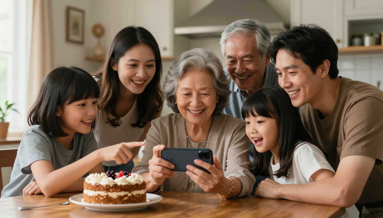 Family of five gathered around table, grandmother showing engagement photos on her phone